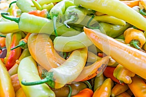 Close up of colorful green, yellow and orange jalapeno peppers, being sold at a farmer`s market