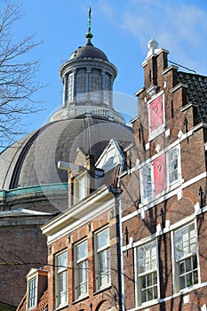 Close-up on colorful heritage buildings with gable rooftops, located on Kattengat street in Amsterdam, Netherlands