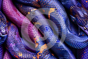 Close up of Colorful Interwoven Exotic Snakes with Blue and Purple Hues, Vivid Reptile Skin Texture