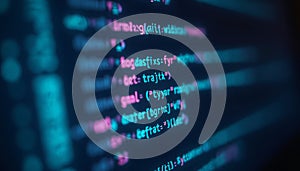 Close-up of colorful lines of code on dark screen