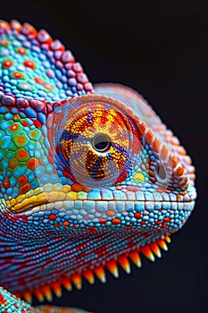 Close up of colorful lizard with blue green and red patches on its head. Generative AI
