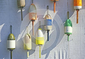 Close up of colorful lobster buoys, Muscongus Bay in New Harbor ME