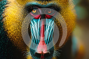 Close-up of a colorful mandrill against a soft forest background