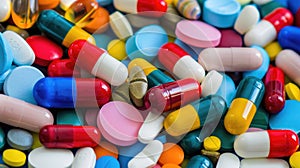 Close-up of colorful medical pills on abstract background. Variety of antibiotic tablets or vitamins. Ai Generated