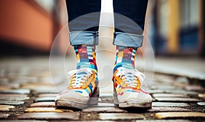 Close-up of colorful mismatched socks with various patterns on person wearing blue trousers and white sneakers, portraying quirky