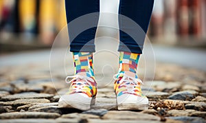 Close-up of colorful mismatched socks with various patterns on person wearing blue trousers and white sneakers portraying quirky