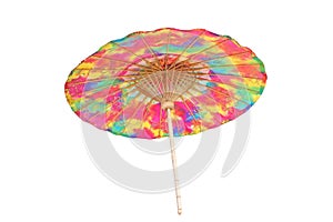 Colorful mulberry paper umbrella with bamboo handle isolated on white background