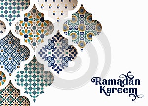 Close-up of colorful ornamental arabic tiles, patterns through white mosque window. Greeting card, invitation for Muslim