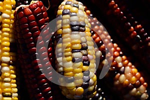 Close up of colorful ornamental corn, with red and yellow corn kernels, as a background in autumn