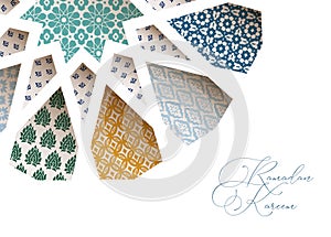 Close-up of colorful ornamental Morroccan tiles through white arab star shape pattern. Greeting card, invitation for