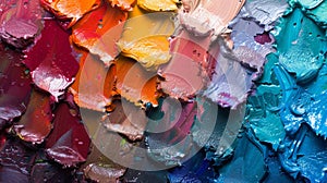 Close-Up of Colorful Paint Strokes in a Gradient Pattern from Warm Red and Orange to Cool Blue and Purple with Thick photo