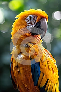 A close up of a colorful parrot with blue eyes and feathers, AI