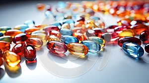 Close up of colorful pills on reflective surface. Focus on foreground.