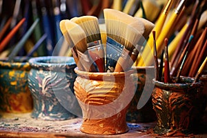 close-up of colorful pottery glazes and brushes