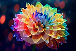 Close up of colorful rainbow dahlia flower with rain droplets Generative Ai