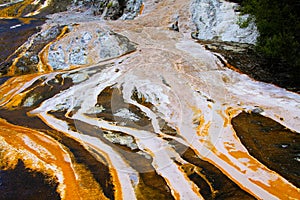 Close up of colorful rainbow sinter terrace covered with stripes of yellow and white microbial mats