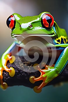 close-up of a colorful red-eyed tree frog (Agalychnis callidryas) with vibrant green body