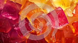 Close-up of colorful red, orange, and yellow jello cubes.