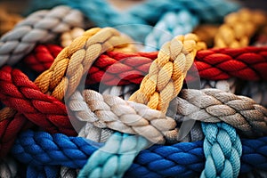 Close up of colorful rope background. Selective focus. Toned