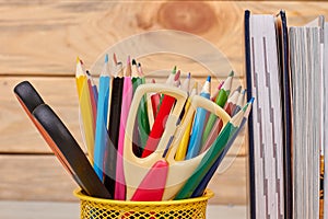 Close up colorful school supplies background.