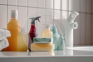 Close-up of a colorful set of cleaning products, including detergent, cleaner and sponge, ensuring hygiene and sanitation in the