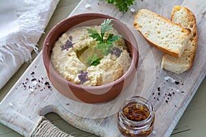 A close-up of a colorful snack composition on a wooden background. Delicious hummus in glass bowl and on a wooden plate.