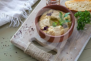 A close-up of a colorful snack composition on a wooden background. Delicious hummus in glass bowl and on a wooden plate.