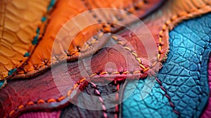 Close-up of colorful stitched leather pieces with vibrant craftsmanship