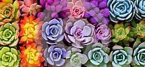 Close up of colorful succulent plants creating a vibrant textured background, viewed from above