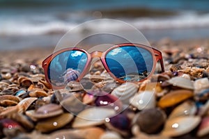 close-up of colorful sunglasses and some beautiful shells on the sand