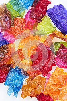 Close up of colorful sweet wrappers.