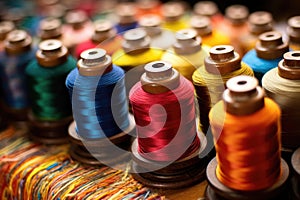 close-up of colorful thread spools on sewing machine