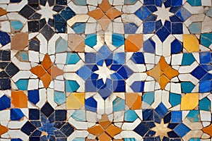 Close Up of a Colorful Tile Wall, Zoomed-in shot of a traditional Islamic pattern on ceramic tiles, AI Generated