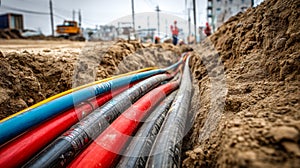 Close-up of colorful utility cables installed in a trench during construction work