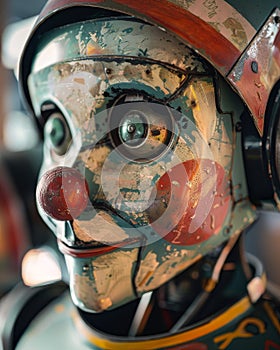 Close-up of a colorful vintage robot head with a red nose