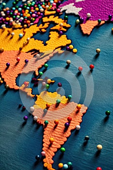close-up of a colorful world map with push pins