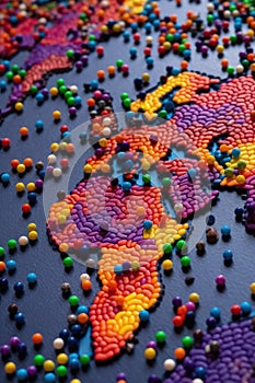 close-up of a colorful world map with push pins