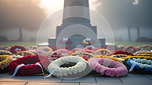 Close-Up of Colorful Wreaths at War Memorial on Misty Morning photo