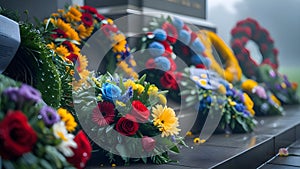 Close-Up of Colorful Wreaths at War Memorial on Misty Morning photo
