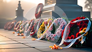 Close-Up of Colorful Wreaths at War Memorial on Misty Morning photo