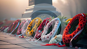 Close-Up of Colorful Wreaths at War Memorial on Misty Morning photo