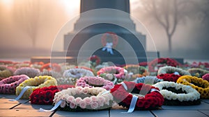 Close-Up of Colorful Wreaths at War Memorial on Misty Morning photo
