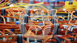 Close up of colourful cables fixed and connected to servers