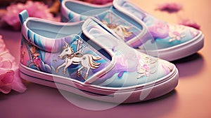 Close up of colourful girls shoes with unicorn