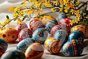 Close-up of colourful hand-painted Easter eggs surrounded by forsythia.