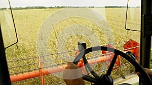A close-up of the combine harvester's hands driving the combine harvesting