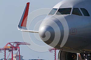 Close up of commercial jet airliner front