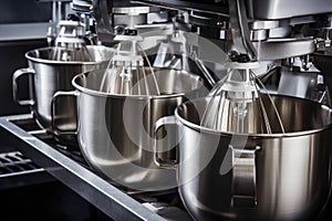 close-up of commercial mixers and processors, with ingredients mixing and blending together