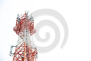 Close up communication tower top. Radio antenna Tower , microwave antenna tower on light sky background.
