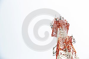 Close up communication tower top. Radio antenna Tower , microwave antenna tower on light sky background. wireless technology conce